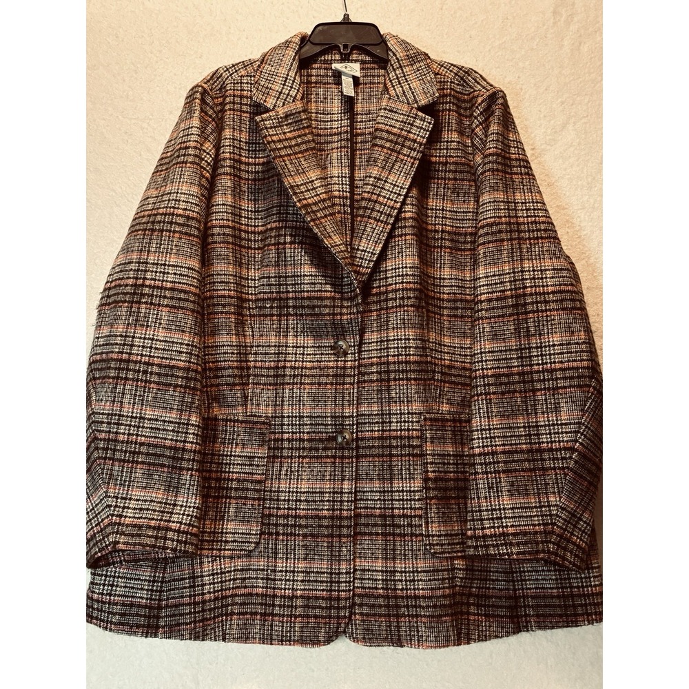 St. John's Bay Women's 3XL Wool‎ Blend Blazer Plaid Coat Brown Tan Dark Academia